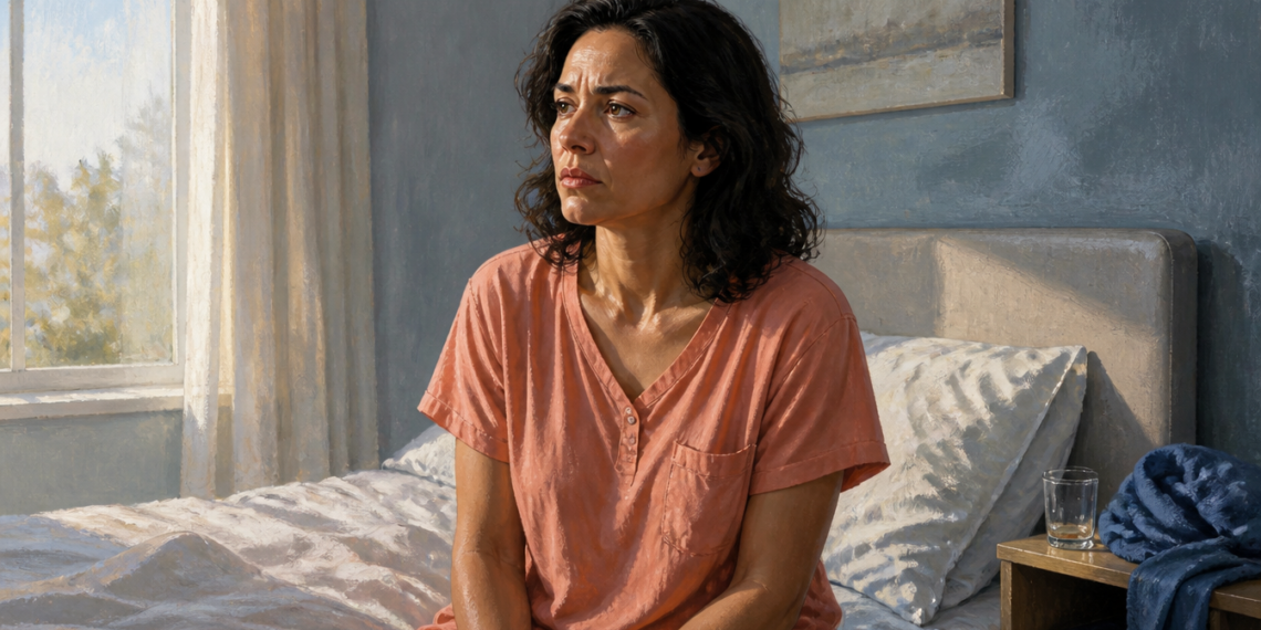 Mujer sentada en el borde de la cama al despertar, con expresión seria y cansada, junto a un vaso de agua sobre la mesita de noche.