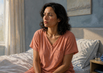 Mujer sentada en el borde de la cama al despertar, con expresión seria y cansada, junto a un vaso de agua sobre la mesita de noche.