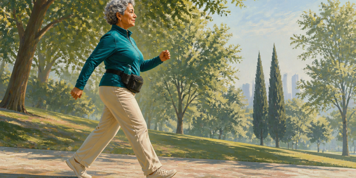 Mujer mayor camina a paso firme por un parque arbolado y soleado, vestida con ropa deportiva y una riñonera, en una escena relacionada con hábitos activos después de los 50.