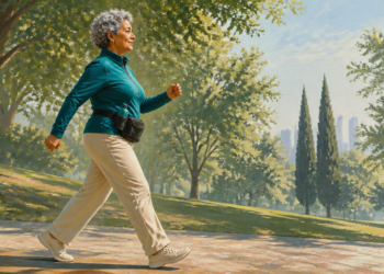 Mujer mayor camina a paso firme por un parque arbolado y soleado, vestida con ropa deportiva y una riñonera, en una escena relacionada con hábitos activos después de los 50.