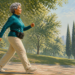 Mujer mayor camina a paso firme por un parque arbolado y soleado, vestida con ropa deportiva y una riñonera, en una escena relacionada con hábitos activos después de los 50.