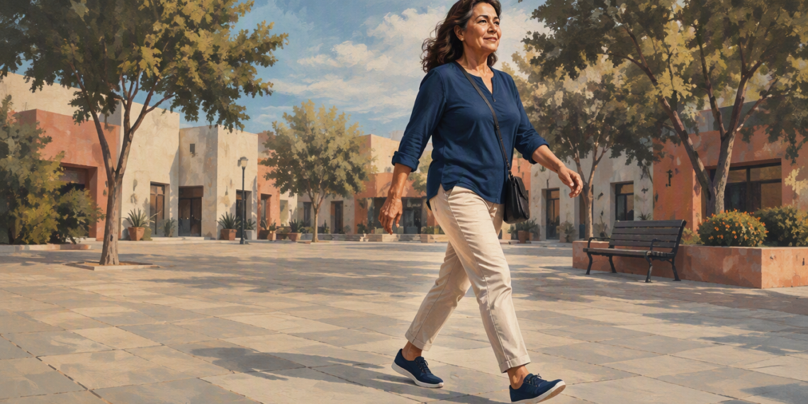 Mujer adulta caminando por una plaza arbolada durante el día, con ropa cómoda, zapatillas y un bolso cruzado.