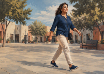 Mujer adulta caminando por una plaza arbolada durante el día, con ropa cómoda, zapatillas y un bolso cruzado.