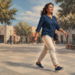 Mujer adulta caminando por una plaza arbolada durante el día, con ropa cómoda, zapatillas y un bolso cruzado.