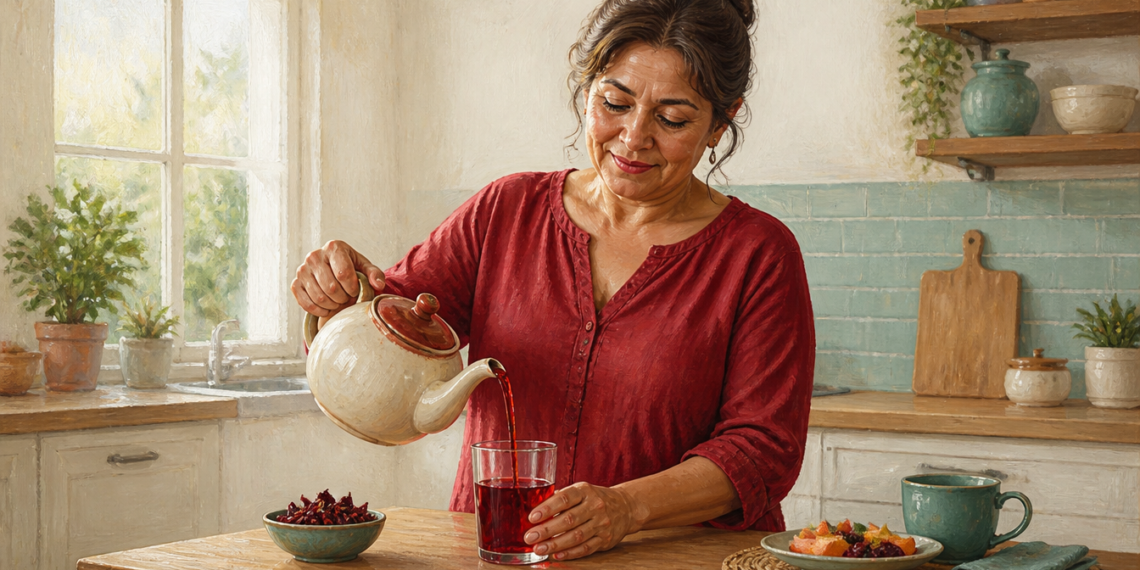 Mujer adulta vertiendo una bebida roja desde una tetera en un vaso, junto a ingredientes vegetales y una taza en una cocina luminosa.
