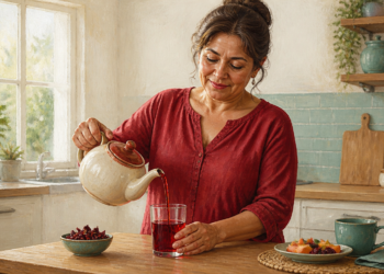 Mujer adulta vertiendo una bebida roja desde una tetera en un vaso, junto a ingredientes vegetales y una taza en una cocina luminosa.