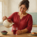 Mujer adulta vertiendo una bebida roja desde una tetera en un vaso, junto a ingredientes vegetales y una taza en una cocina luminosa.