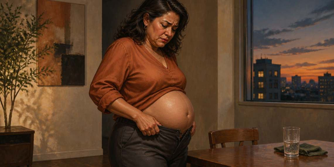 Mujer de pie en casa se sujeta la cintura y observa su vientre hinchado, junto a una mesa con un vaso de agua, en una escena relacionada con la hinchazón abdominal.