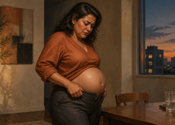 Mujer de pie en casa se sujeta la cintura y observa su vientre hinchado, junto a una mesa con un vaso de agua, en una escena relacionada con la hinchazón abdominal.