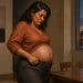 Mujer de pie en casa se sujeta la cintura y observa su vientre hinchado, junto a una mesa con un vaso de agua, en una escena relacionada con la hinchazón abdominal.