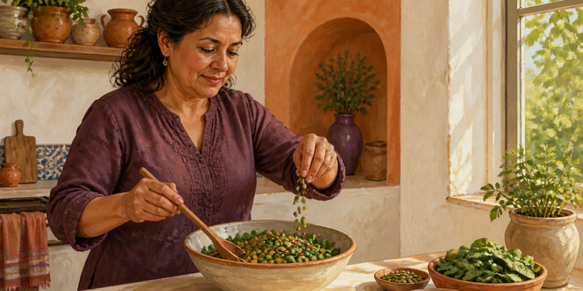Mujer adulta preparando una ensalada con verduras de hoja verde, legumbres y semillas en una cocina iluminada por luz natural.