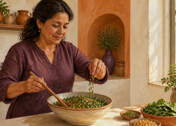 Mujer adulta preparando una ensalada con verduras de hoja verde, legumbres y semillas en una cocina iluminada por luz natural.