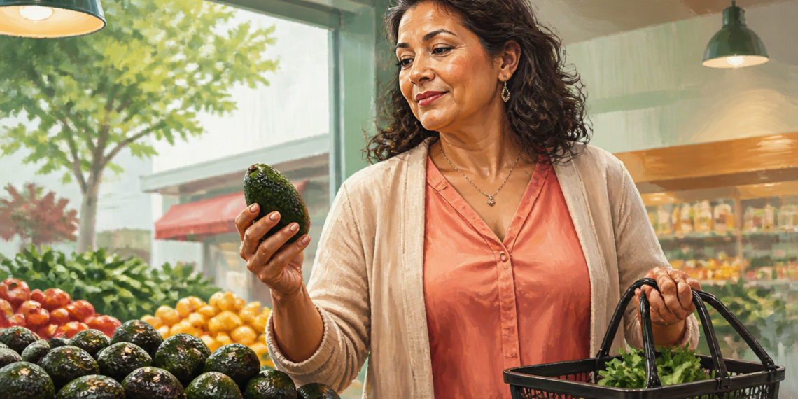 Mujer adulta sosteniendo un aguacate en una tienda de alimentos frescos, junto a una cesta con verduras y un expositor lleno de aguacates.