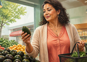 Mujer adulta sosteniendo un aguacate en una tienda de alimentos frescos, junto a una cesta con verduras y un expositor lleno de aguacates.