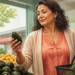 Mujer adulta sosteniendo un aguacate en una tienda de alimentos frescos, junto a una cesta con verduras y un expositor lleno de aguacates.