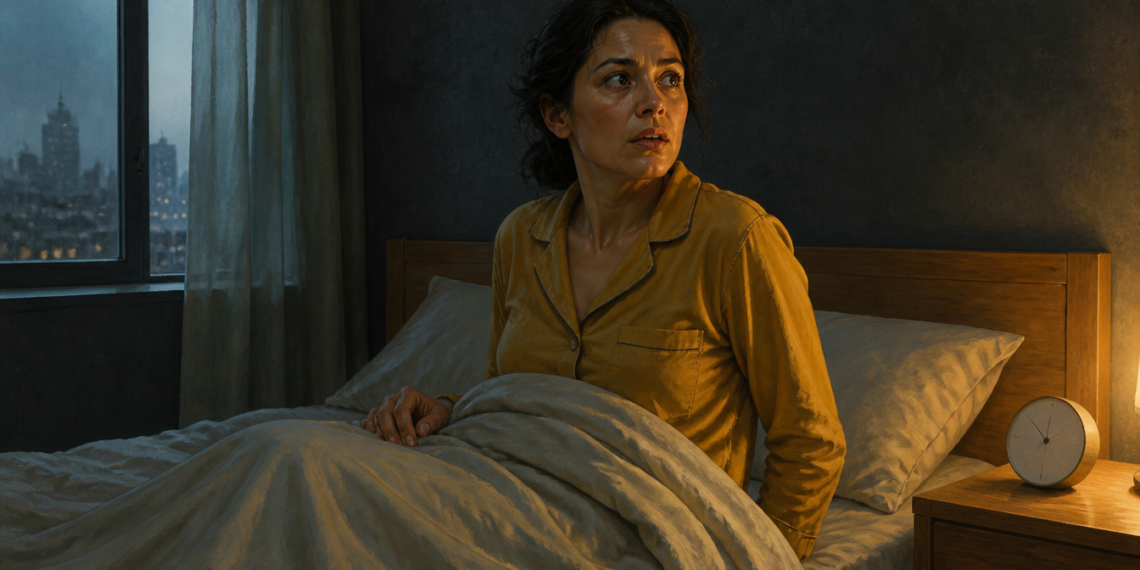 Mujer sentada en la cama durante la madrugada, con expresión de alerta, en un dormitorio tenue y junto a un reloj sobre la mesita de noche, en una escena relacionada con el despertar nocturno.