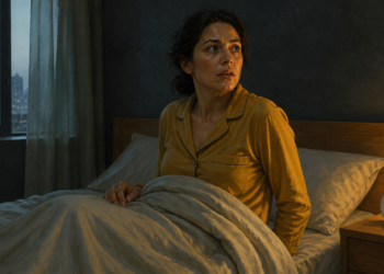 Mujer sentada en la cama durante la madrugada, con expresión de alerta, en un dormitorio tenue y junto a un reloj sobre la mesita de noche, en una escena relacionada con el despertar nocturno.