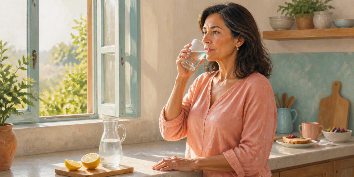 Mujer bebiendo un vaso de agua en una cocina luminosa por la mañana, junto a una jarra de agua y limones cortados, en una escena relacionada con bebidas en ayunas para cuidar los riñones.