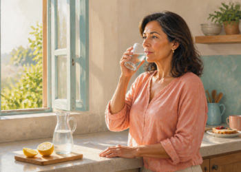 Mujer bebiendo un vaso de agua en una cocina luminosa por la mañana, junto a una jarra de agua y limones cortados, en una escena relacionada con bebidas en ayunas para cuidar los riñones.