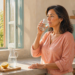 Mujer bebiendo un vaso de agua en una cocina luminosa por la mañana, junto a una jarra de agua y limones cortados, en una escena relacionada con bebidas en ayunas para cuidar los riñones.