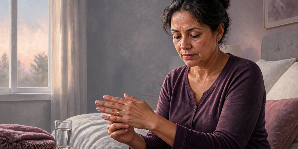 Mujer sentada en la cama al despertar, observándose las manos con gesto de preocupación, junto a un vaso de agua sobre la mesita, en una escena relacionada con las manos hinchadas por la mañana.
