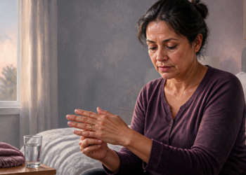 Mujer sentada en la cama al despertar, observándose las manos con gesto de preocupación, junto a un vaso de agua sobre la mesita, en una escena relacionada con las manos hinchadas por la mañana.