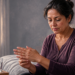 Mujer sentada en la cama al despertar, observándose las manos con gesto de preocupación, junto a un vaso de agua sobre la mesita, en una escena relacionada con las manos hinchadas por la mañana.