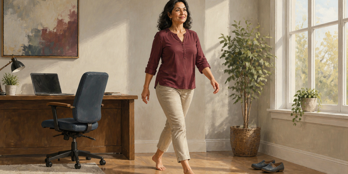 Mujer adulta caminando descalza dentro de una habitación luminosa, junto a un escritorio, una silla y unos zapatos colocados en el suelo.