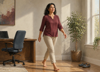 Mujer adulta caminando descalza dentro de una habitación luminosa, junto a un escritorio, una silla y unos zapatos colocados en el suelo.