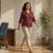 Mujer adulta caminando descalza dentro de una habitación luminosa, junto a un escritorio, una silla y unos zapatos colocados en el suelo.