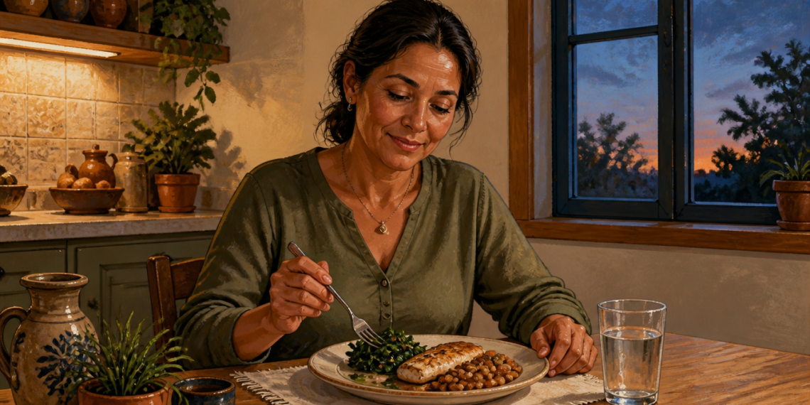 Mujer adulta cenando en una cocina al atardecer, con un plato de pescado, verduras de hoja verde y legumbres acompañado de un vaso de agua.