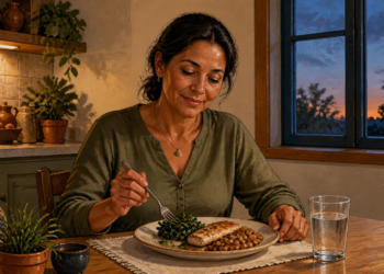 Mujer adulta cenando en una cocina al atardecer, con un plato de pescado, verduras de hoja verde y legumbres acompañado de un vaso de agua.