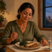 Mujer adulta cenando en una cocina al atardecer, con un plato de pescado, verduras de hoja verde y legumbres acompañado de un vaso de agua.