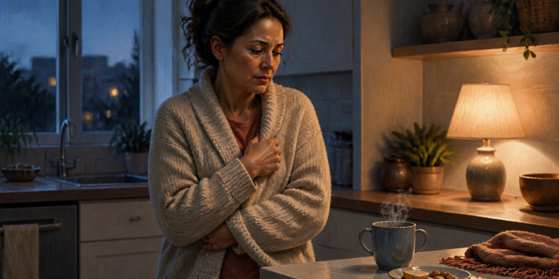 Mujer de mediana edad abrigada con un cárdigan, con los brazos cruzados sobre el cuerpo y expresión de malestar, junto a una taza humeante en una cocina al anochecer, en una escena relacionada con escalofríos sin fiebre.