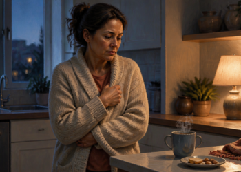 Mujer de mediana edad abrigada con un cárdigan, con los brazos cruzados sobre el cuerpo y expresión de malestar, junto a una taza humeante en una cocina al anochecer, en una escena relacionada con escalofríos sin fiebre.