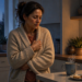Mujer de mediana edad abrigada con un cárdigan, con los brazos cruzados sobre el cuerpo y expresión de malestar, junto a una taza humeante en una cocina al anochecer, en una escena relacionada con escalofríos sin fiebre.