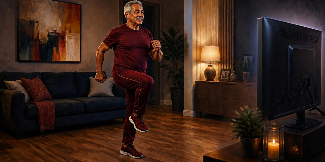 Hombre mayor haciendo marcha en el lugar frente al televisor en la sala de casa, con una rodilla elevada y ropa deportiva.