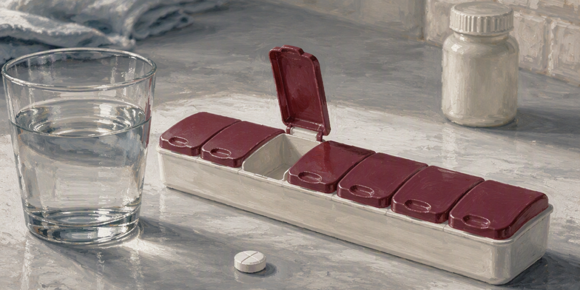 Pastillero semanal junto a un vaso de agua y una tableta sobre una superficie clara, en una escena relacionada con la toma diaria de medicación para la presión.