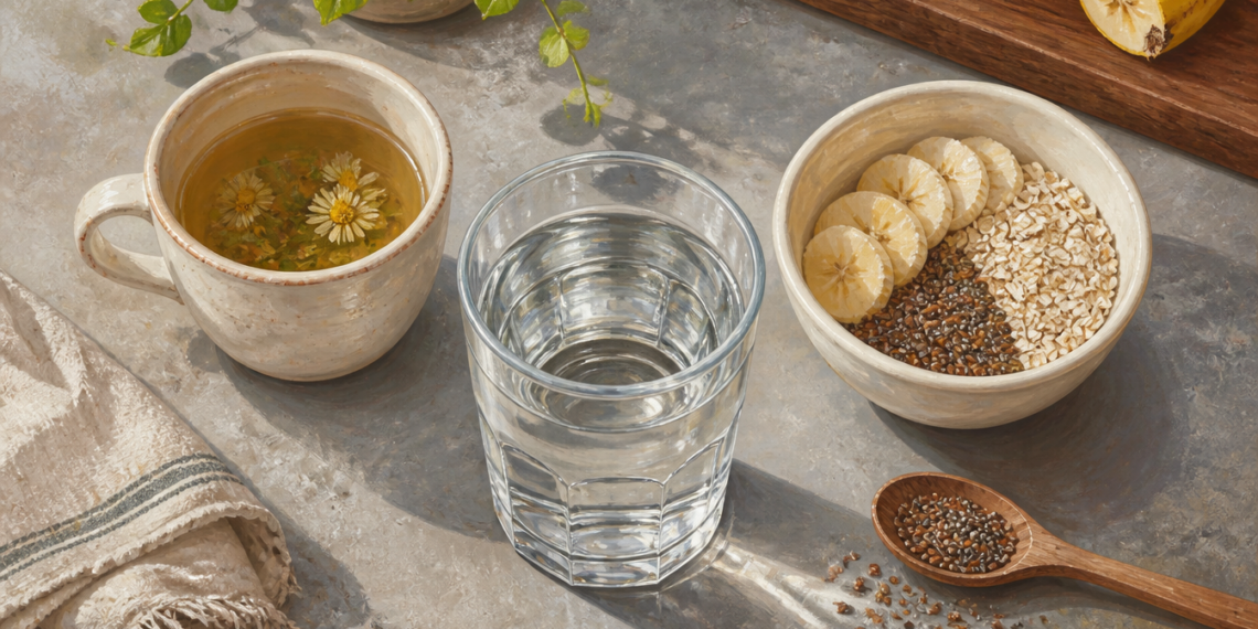 Vaso de agua junto a una taza de infusión y un bol con avena, semillas de chía y rodajas de plátano sobre una mesa.