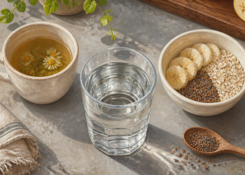 Vaso de agua junto a una taza de infusión y un bol con avena, semillas de chía y rodajas de plátano sobre una mesa.