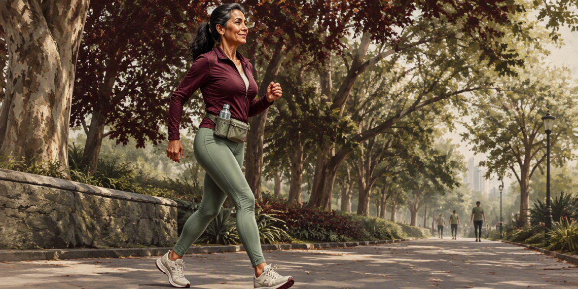 Mujer adulta caminando a paso ligero por un parque arbolado, con ropa deportiva, zapatillas y una botella de agua en una riñonera.