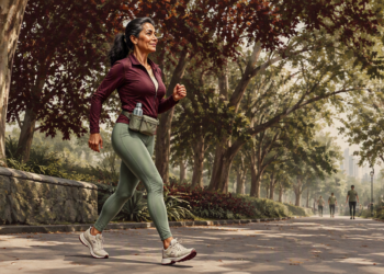 Mujer adulta caminando a paso ligero por un parque arbolado, con ropa deportiva, zapatillas y una botella de agua en una riñonera.