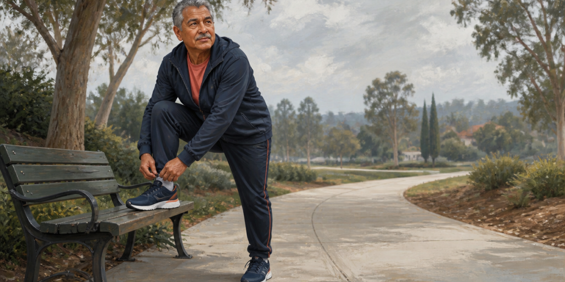 Hombre mayor con ropa deportiva ajustándose una zapatilla con un pie apoyado en un banco antes de hacer ejercicio en un parque.