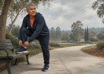 Hombre mayor con ropa deportiva ajustándose una zapatilla con un pie apoyado en un banco antes de hacer ejercicio en un parque.