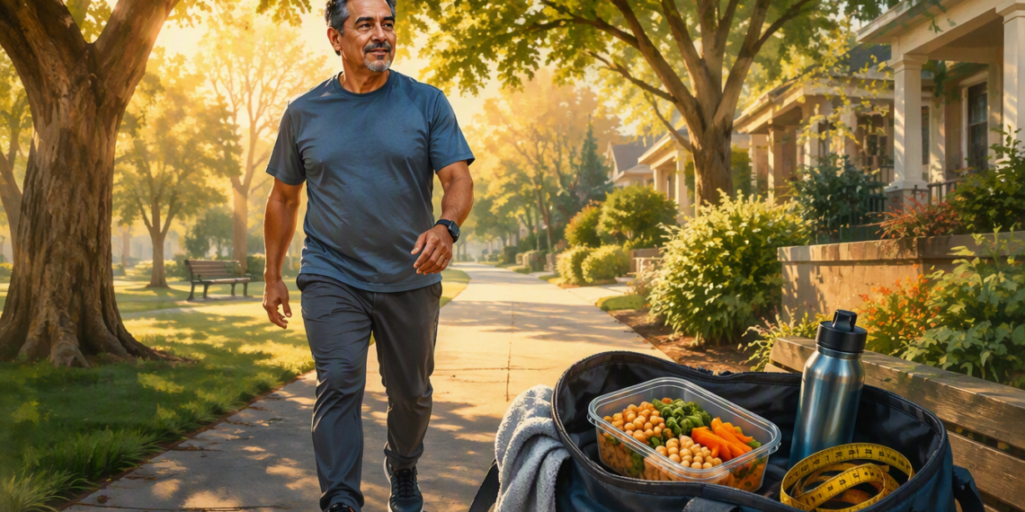 Hombre adulto caminando por un sendero arbolado al aire libre, junto a una bolsa abierta con un recipiente de verduras y garbanzos, una botella de agua y una cinta métrica.