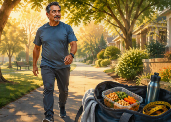 Hombre adulto caminando por un sendero arbolado al aire libre, junto a una bolsa abierta con un recipiente de verduras y garbanzos, una botella de agua y una cinta métrica.
