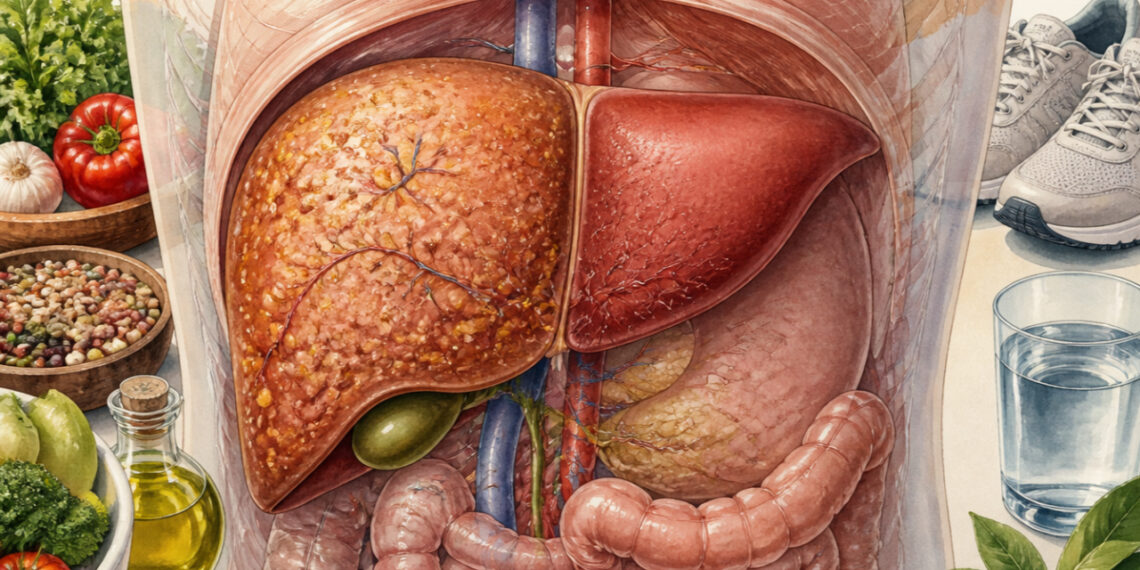 Ilustración anatómica del abdomen con el hígado destacado, una zona de aspecto moteado y otra rojiza uniforme, rodeada de verduras, legumbres, aceite de oliva, agua y zapatillas deportivas.