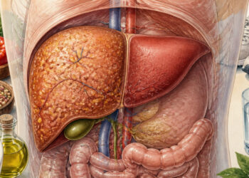 Ilustración anatómica del abdomen con el hígado destacado, una zona de aspecto moteado y otra rojiza uniforme, rodeada de verduras, legumbres, aceite de oliva, agua y zapatillas deportivas.