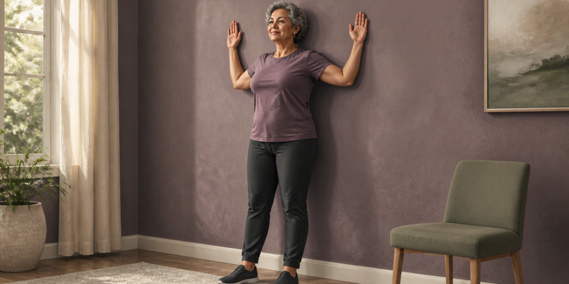Mujer mayor de cabello gris realizando un ejercicio de postura contra la pared, con los brazos flexionados y las palmas abiertas, en una habitación de casa.