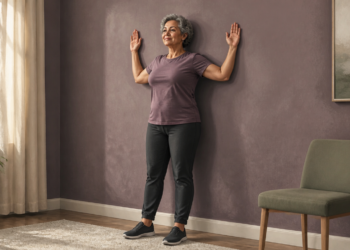 Mujer mayor de cabello gris realizando un ejercicio de postura contra la pared, con los brazos flexionados y las palmas abiertas, en una habitación de casa.